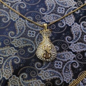 18K Gold Plated Money Bad Pendant Necklace With Crystals